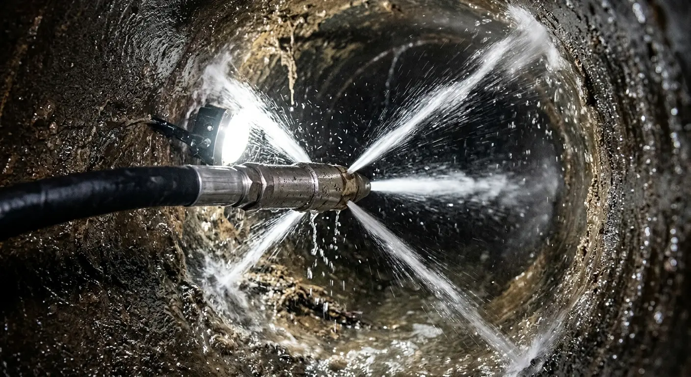 High-pressure hydro jetting nozzle cleaning sewer pipe for Emergency Drain Service in Westchester