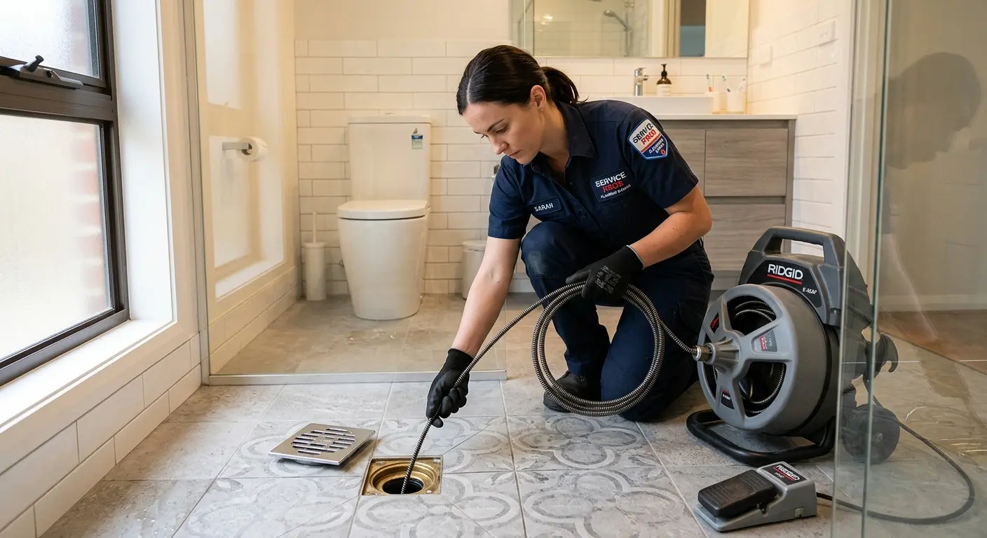 Technician clearing a bathroom floor drain for Drain Repair in Westchester